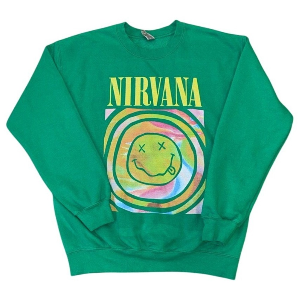 Nirvana Smiley Face Graphic Sweatshirt Womens‎ Medium Green Heavy Blend